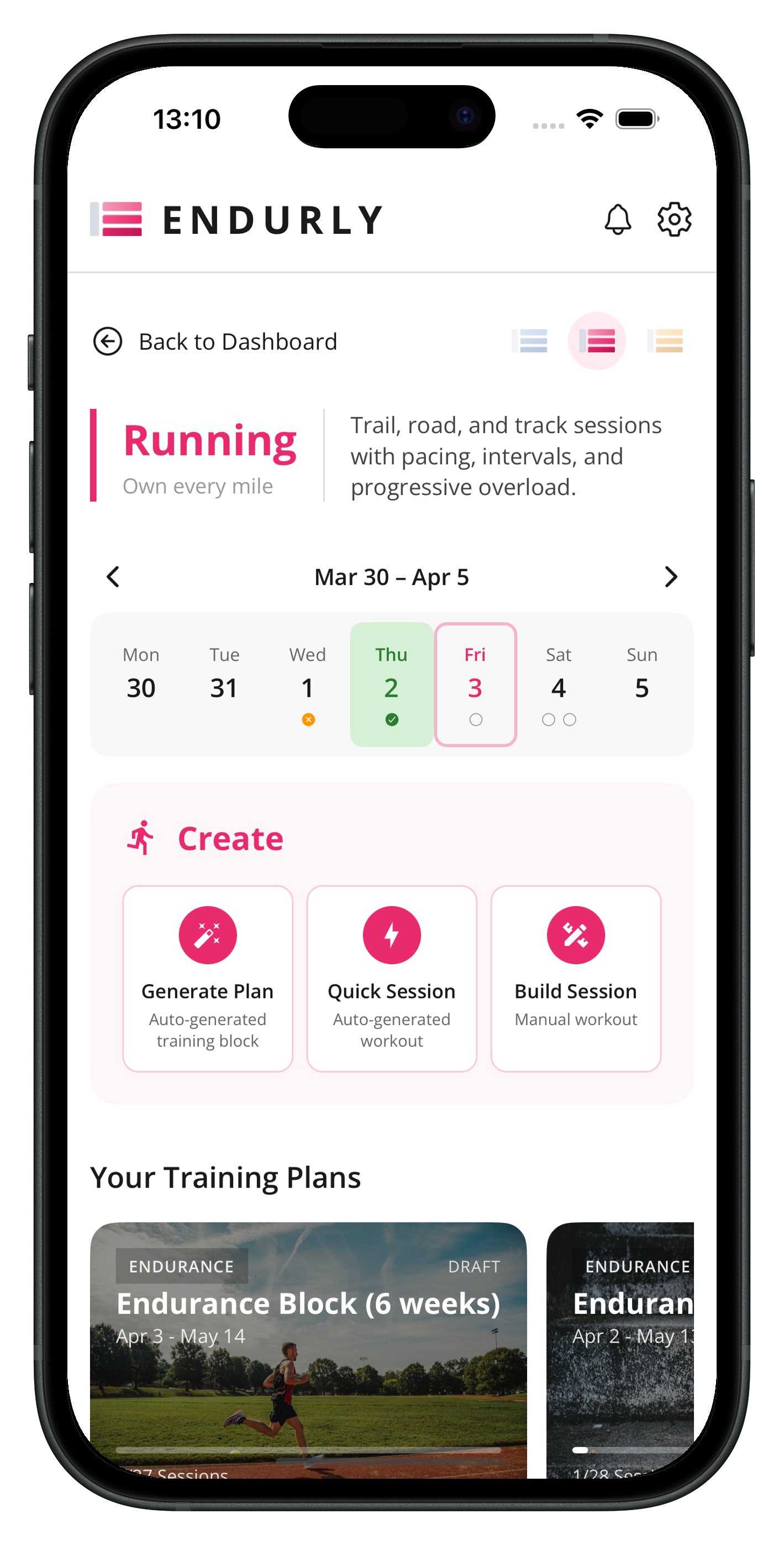 Endurly running dashboard with training plans, calendar, and workout generator